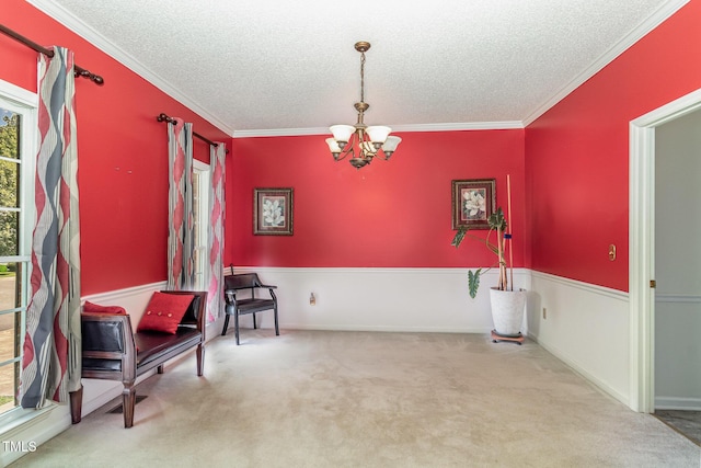 801 Falling Wind Ct, Raleigh, NC 27610 - sitting room featuring a textured ceiling, a chandelier, carpet flooring, and crown molding