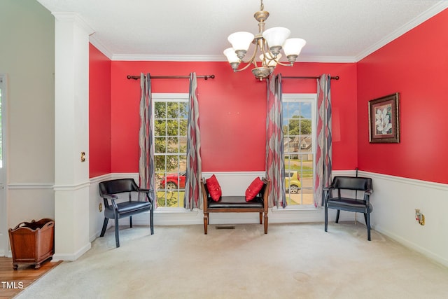 801 Falling Wind Ct, Raleigh, NC 27610 - sitting room featuring a chandelier, carpet, and crown molding