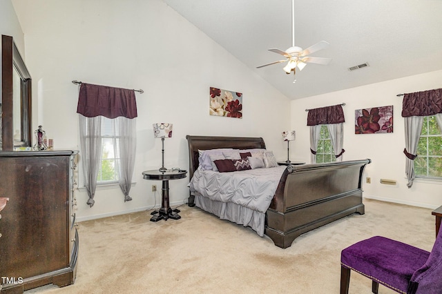 801 Falling Wind Ct, Raleigh, NC 27610 - bedroom featuring light carpet, high vaulted ceiling, and ceiling fan
