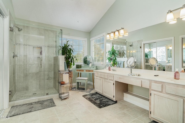 801 Falling Wind Ct, Raleigh, NC 27610 - bathroom featuring a shower stall, lofted ceiling, plenty of natural light, vanity, and tile patterned floors
