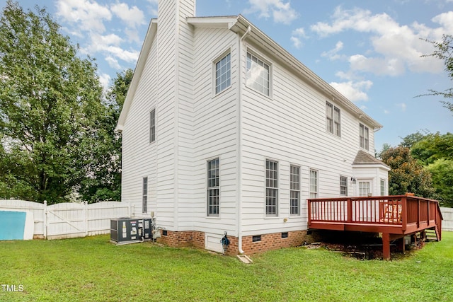 801 Falling Wind Ct, Raleigh, NC 27610 - rear view of property featuring crawl space, a deck, a gate, and a chimney