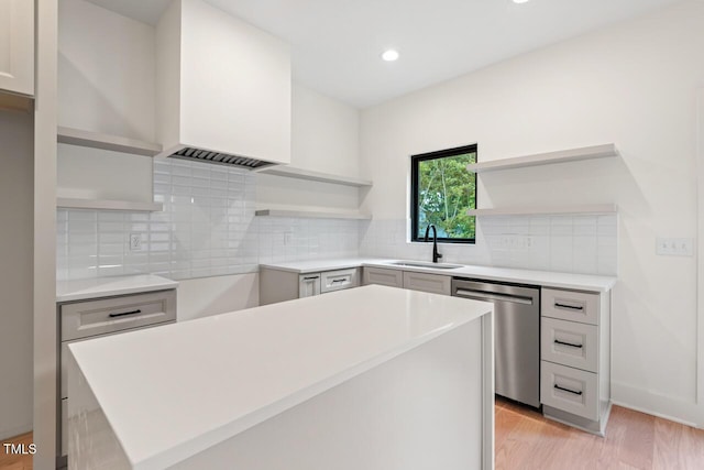 2205 Tampa Ave, Durham, NC 27705 - kitchen featuring open shelves, dishwasher, light wood-type flooring, light countertops, and recessed lighting