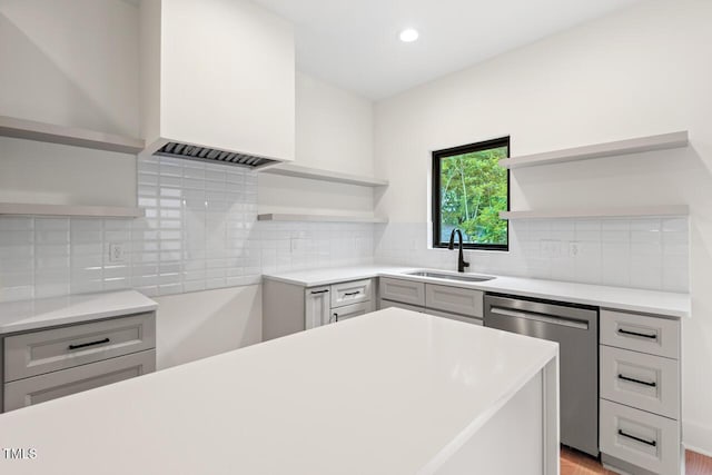 2205 Tampa Ave, Durham, NC 27705 - kitchen featuring open shelves, stainless steel dishwasher, light countertops, and recessed lighting