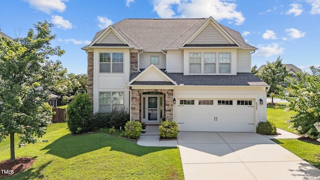 4007 Strendal Dr, Cary, NC 27519 - view of front of house featuring driveway, an attached garage, roof with shingles, and stone siding