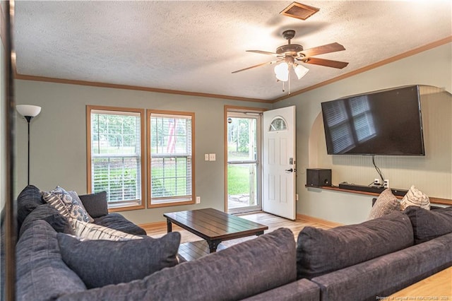 1360 Rays Bridge Rd, Whispering Pines, NC 28327 - living area with wood finished floors, ceiling fan, a textured ceiling, and ornamental molding