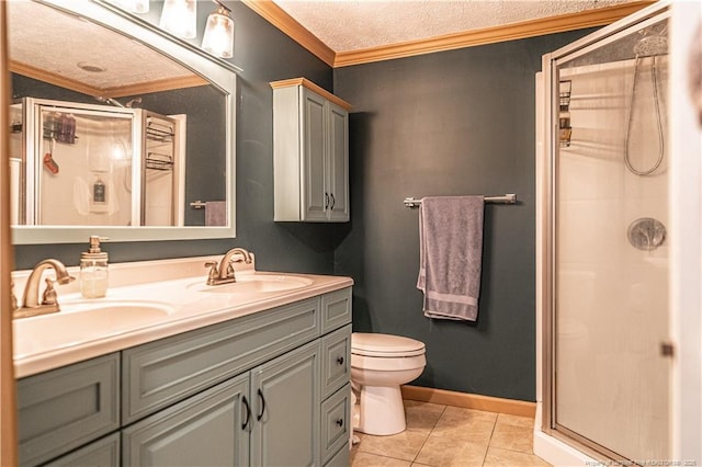 1360 Rays Bridge Rd, Whispering Pines, NC 28327 - full bath with crown molding, double vanity, a shower stall, and tile patterned floors
