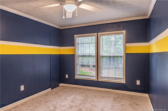1360 Rays Bridge Rd, Whispering Pines, NC 28327 - unfurnished room with a textured ceiling, carpet floors, crown molding, and a ceiling fan