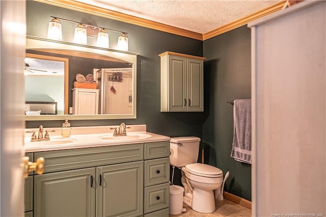 1360 Rays Bridge Rd, Whispering Pines, NC 28327 - bathroom with double vanity, crown molding, tile patterned flooring, and a textured ceiling