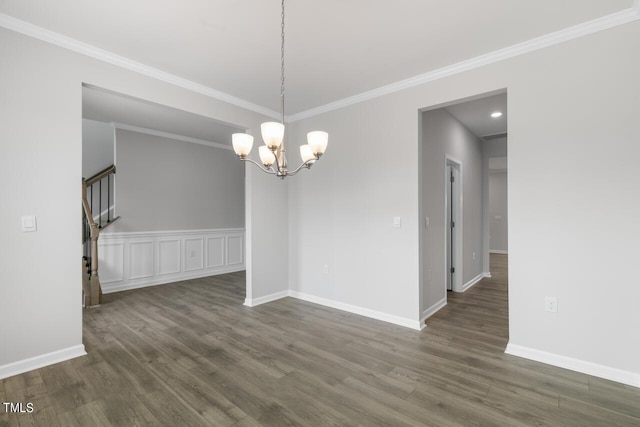 1409 Jasmine View Way, Knightdale, NC 27545 - unfurnished room with dark wood finished floors, a chandelier, stairs, crown molding, and recessed lighting