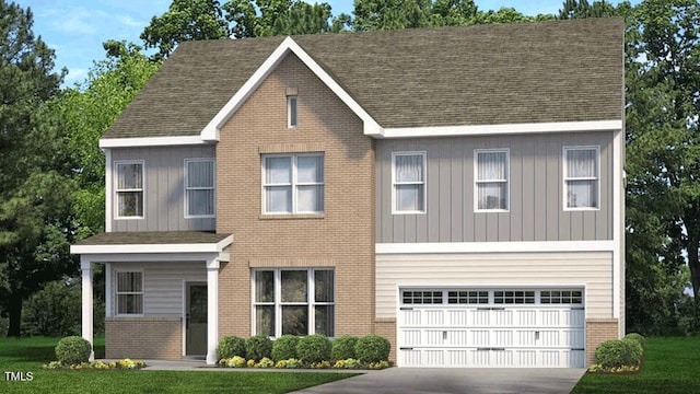 1409 Jasmine View Way, Knightdale, NC 27545 - view of front facade with brick siding, driveway, an attached garage, board and batten siding, and a shingled roof