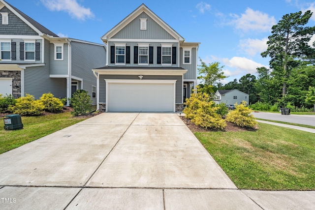 1143 Sweet Cream Ct, Durham, NC 27703 - view of front of property with stone siding, concrete driveway, a garage, and a front lawn