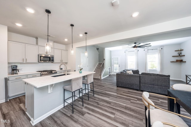 1143 Sweet Cream Ct, Durham, NC 27703 - kitchen with stainless steel appliances, open floor plan, a breakfast bar, dark wood finished floors, and a center island with sink