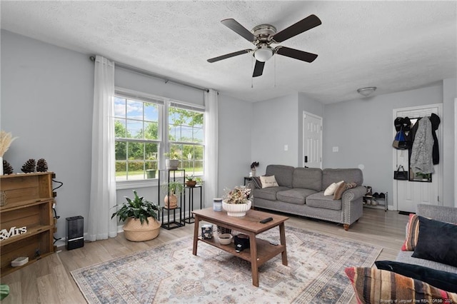 4450 Chesterbrook Dr, Fayetteville, NC 28314 - living room with a textured ceiling, ceiling fan, and light wood-type flooring