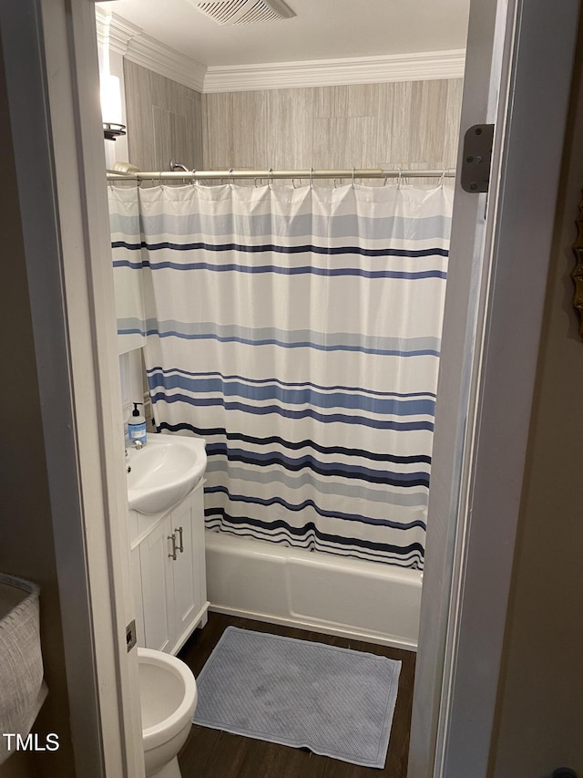 232 Fairview Rd, Cary, NC 27511 - bathroom with vanity, shower / bathtub combination with curtain, and wood finished floors