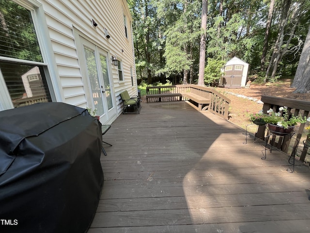 106 Carmel Woods Ct, Wake Forest, NC 27587 - wooden deck with french doors, grilling area, and a storage unit