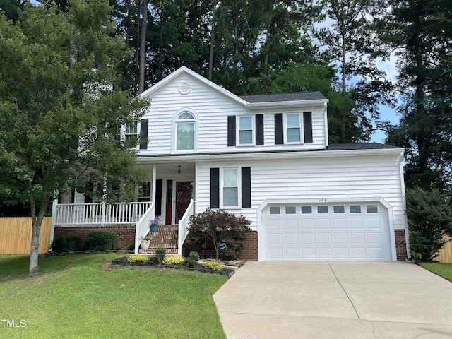 106 Carmel Woods Ct, Wake Forest, NC 27587 - traditional-style home with concrete driveway, covered porch, brick siding, and an attached garage