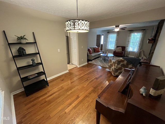 106 Carmel Woods Ct, Wake Forest, NC 27587 - living area with a textured ceiling, light wood finished floors, and a ceiling fan