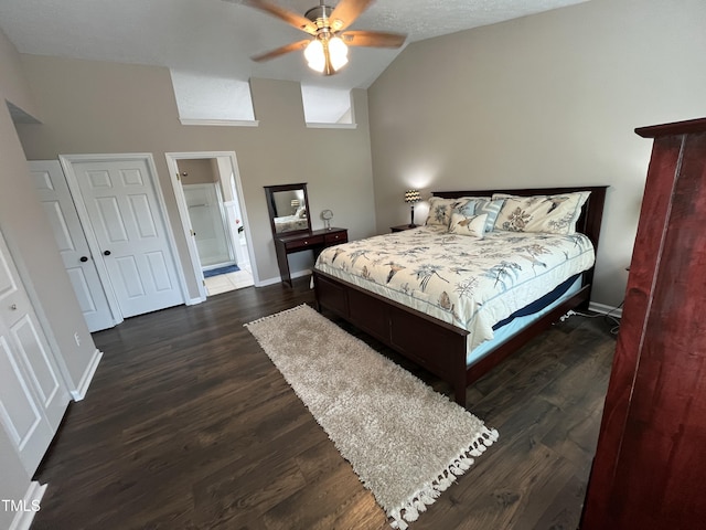 106 Carmel Woods Ct, Wake Forest, NC 27587 - bedroom with lofted ceiling, dark wood finished floors, and a ceiling fan