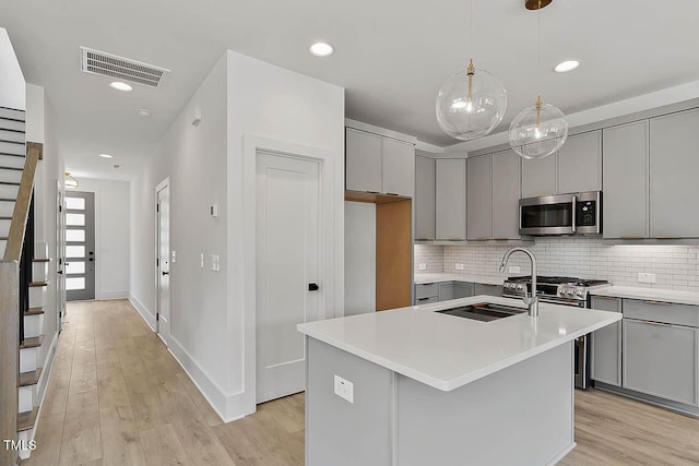136 E End Ave, Durham, NC 27703 - kitchen featuring stainless steel appliances, gray cabinetry, decorative backsplash, light wood-style flooring, and light countertops
