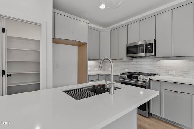 136 E End Ave, Durham, NC 27703 - kitchen featuring stainless steel appliances, gray cabinetry, light countertops, and decorative backsplash