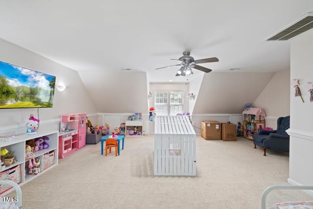 6425 Cross Ridge Dr, Holly Springs, NC 27540 - rec room featuring vaulted ceiling, ceiling fan, and carpet flooring