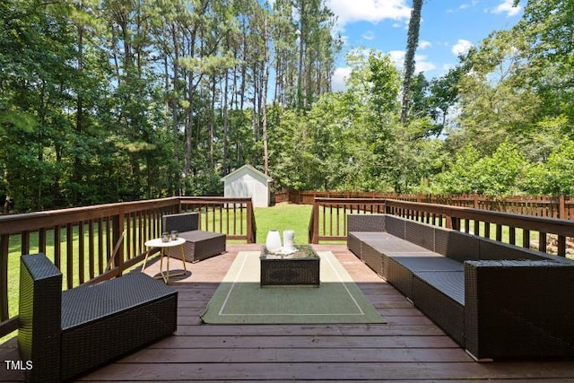 6425 Cross Ridge Dr, Holly Springs, NC 27540 - deck with outdoor lounge area, a shed, and a fenced backyard