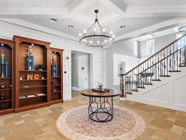 155 Writing Rock Pl, Apex, NC 27539 - foyer entrance featuring stone tile flooring, coffered ceiling, stairs, a chandelier, and crown molding
