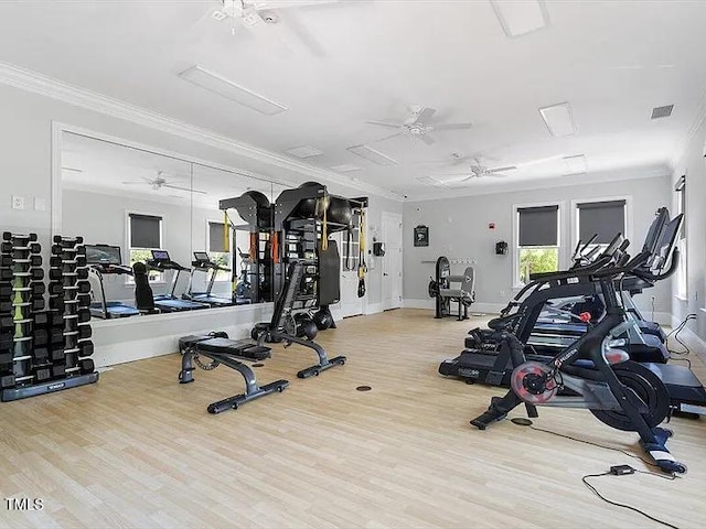 155 Writing Rock Pl, Apex, NC 27539 - exercise room with a ceiling fan, ornamental molding, and wood finished floors