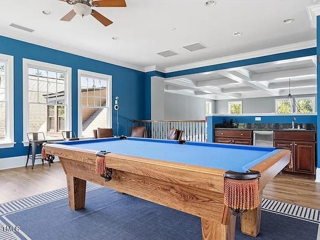155 Writing Rock Pl, Apex, NC 27539 - playroom featuring billiards, wood finished floors, ornamental molding, a ceiling fan, and beamed ceiling