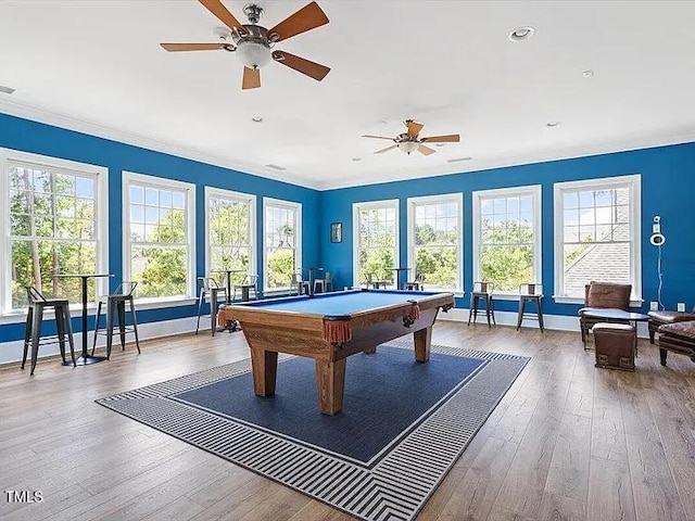 155 Writing Rock Pl, Apex, NC 27539 - playroom with ceiling fan, hardwood / wood-style floors, billiards, plenty of natural light, and ornamental molding