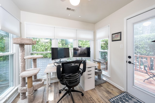 506 Cottage Ln, Durham, NC 27713 - office area with wood finished floors, healthy amount of natural light, and a ceiling fan