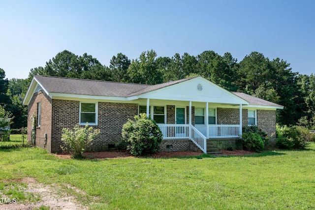 5840 Rocking Chair Dr, Youngsville, NC 27596 - ranch-style house with covered porch, crawl space, a front lawn, brick siding, and roof with shingles