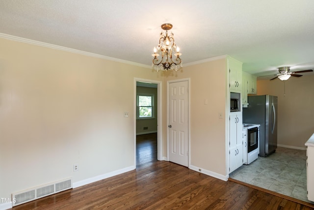 5840 Rocking Chair Dr, Youngsville, NC 27596 - kitchen featuring electric stove, black microwave, a chandelier, ceiling fan, and wood finished floors