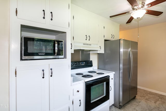 5840 Rocking Chair Dr, Youngsville, NC 27596 - kitchen featuring stainless steel appliances, under cabinet range hood, white cabinetry, a ceiling fan, and light countertops