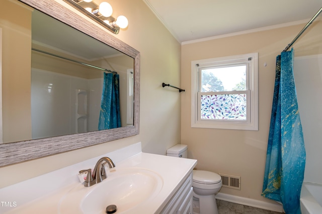 5840 Rocking Chair Dr, Youngsville, NC 27596 - full bath with vanity, ornamental molding, and shower / bath combo with shower curtain