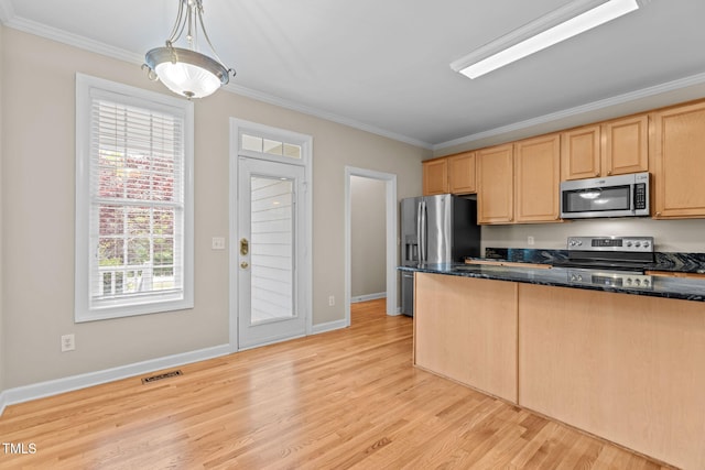 1806 White Dogwood Rd, Apex, NC 27502 - kitchen featuring stainless steel appliances, crown molding, light wood-type flooring, light brown cabinetry, and dark stone counters