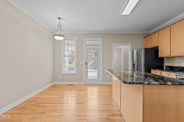 1806 White Dogwood Rd, Apex, NC 27502 - kitchen featuring stainless steel fridge, light wood-type flooring, crown molding, light brown cabinets, and hanging light fixtures
