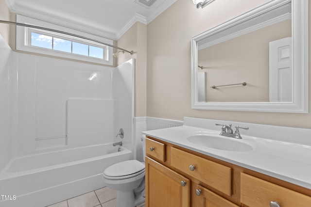 1806 White Dogwood Rd, Apex, NC 27502 - full bathroom with crown molding, vanity, shower / bathtub combination, wainscoting, and tile patterned flooring