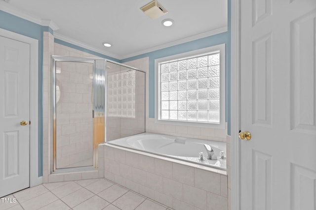1806 White Dogwood Rd, Apex, NC 27502 - full bath with a shower stall, a bath, tile patterned flooring, ornamental molding, and recessed lighting