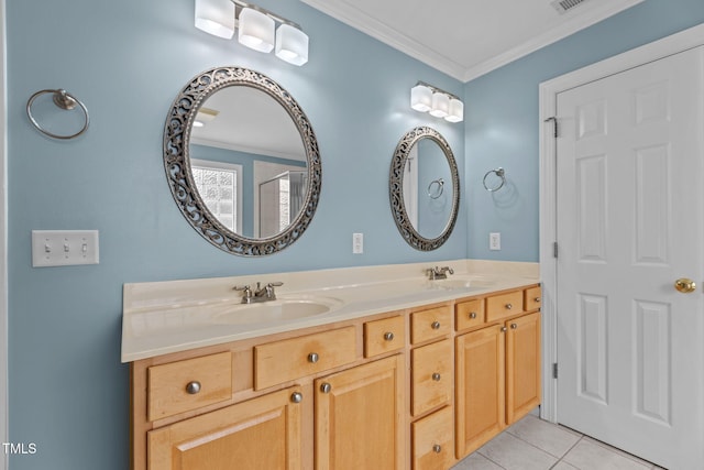 1806 White Dogwood Rd, Apex, NC 27502 - full bathroom featuring double vanity, ornamental molding, and tile patterned flooring