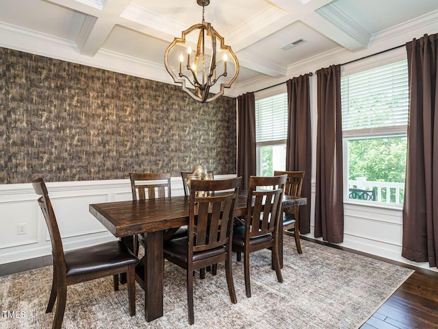 1004 Dogwood Bloom Ln, Knightdale, NC 27545 - dining area featuring coffered ceiling, a chandelier, ornamental molding, beamed ceiling, and wood-type flooring
