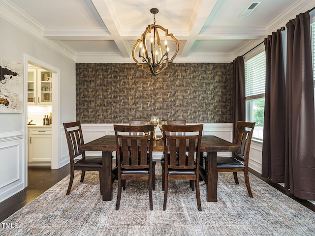 1004 Dogwood Bloom Ln, Knightdale, NC 27545 - dining room with a chandelier, coffered ceiling, beamed ceiling, a wainscoted wall, and ornamental molding