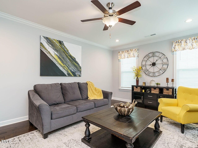 1004 Dogwood Bloom Ln, Knightdale, NC 27545 - living area featuring ornamental molding, a ceiling fan, recessed lighting, and wood finished floors