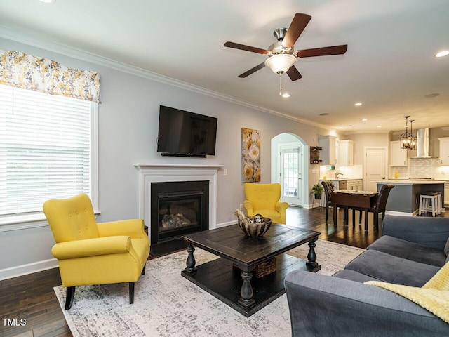 1004 Dogwood Bloom Ln, Knightdale, NC 27545 - living area with arched walkways, crown molding, dark wood finished floors, a ceiling fan, and a fireplace with flush hearth