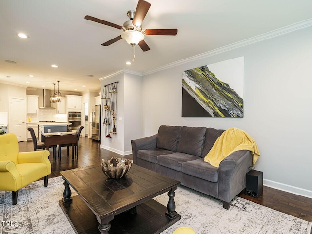 1004 Dogwood Bloom Ln, Knightdale, NC 27545 - living room featuring hardwood / wood-style floors, ornamental molding, ceiling fan, and recessed lighting