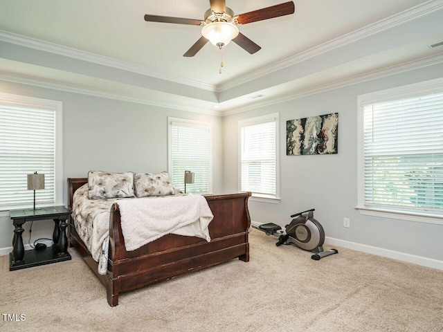 1004 Dogwood Bloom Ln, Knightdale, NC 27545 - carpeted bedroom featuring crown molding, a ceiling fan, and a raised ceiling