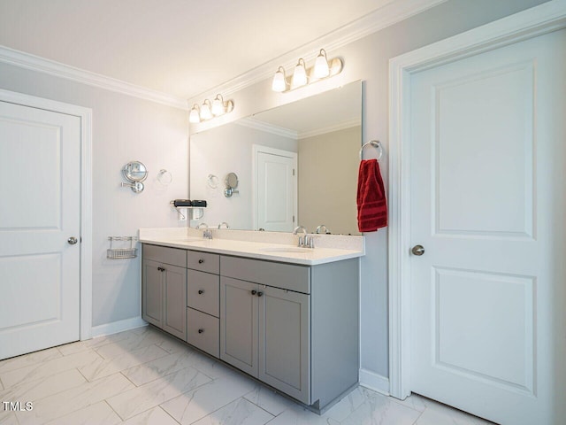 1004 Dogwood Bloom Ln, Knightdale, NC 27545 - bathroom with marble look tiles, double vanity, and crown molding