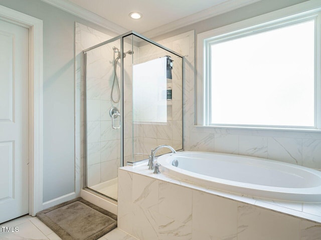 1004 Dogwood Bloom Ln, Knightdale, NC 27545 - full bathroom featuring a bath, a shower stall, ornamental molding, and recessed lighting
