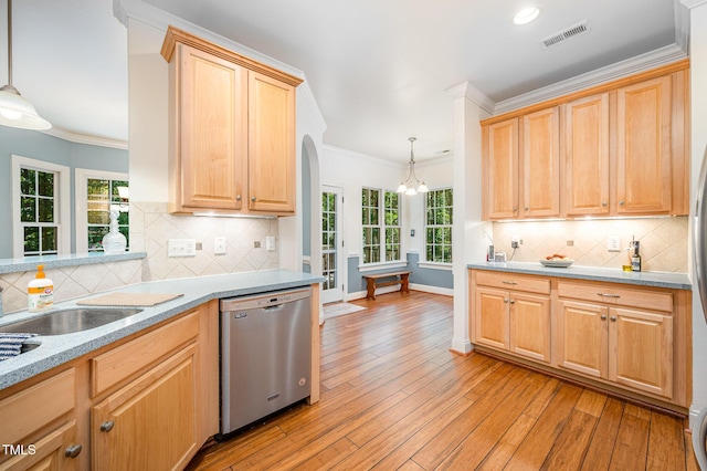 1513 Anterra Dr, Wake Forest, NC 27587 - kitchen featuring stainless steel dishwasher, crown molding, decorative backsplash, light wood-type flooring, and pendant lighting
