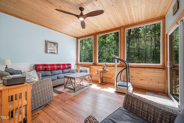1513 Anterra Dr, Wake Forest, NC 27587 - living area with plenty of natural light, wood ceiling, hardwood / wood-style flooring, ceiling fan, and wooden walls